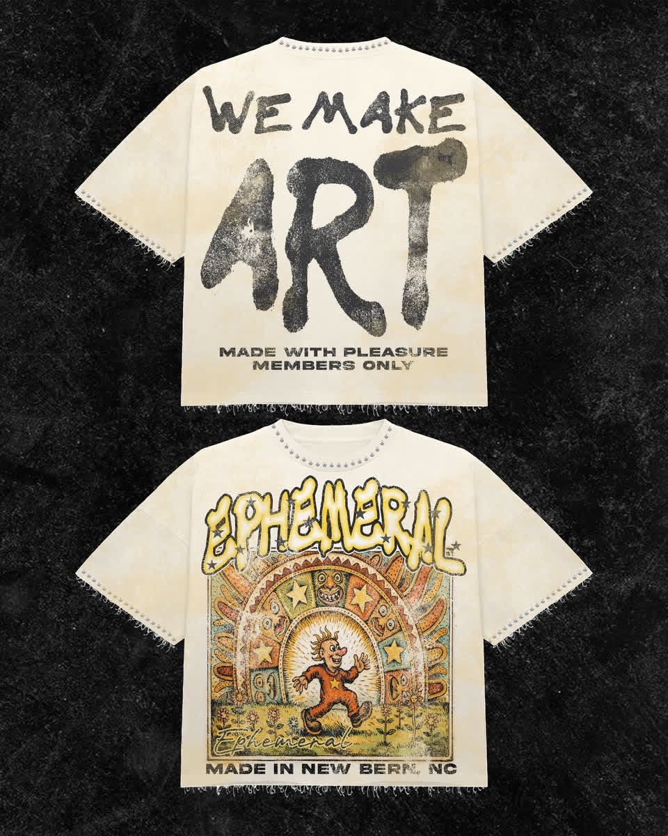 “We Make Art” Ephemeral tan T shirt